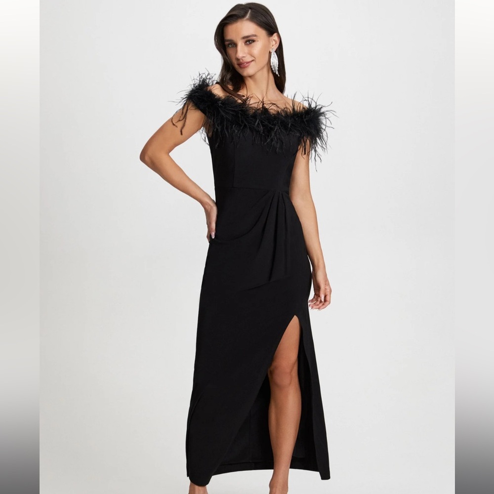 Feather trim evening gown